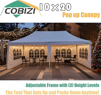 COBIZI 10x20 Pop Up Canopy Tent with Sidewalls,Party Tent Outdoor Gazebos, Waterproof & UV50+,3 Adjustable Heights,Higher Frame Design - Extra Tall for Parties Backyard,Weddings,Markets, White