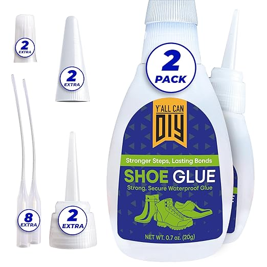 Y’allCanDiy Super Glue for Shoe. 2 Pk x .7 Oz. (20g) Heavy Duty Shoe Adhesive for Shoe Sole Repair and Applicable as Waterproof Boot Shoe Repair Glue. Cyanoacrylate Based CA Glue for Rubber Soles