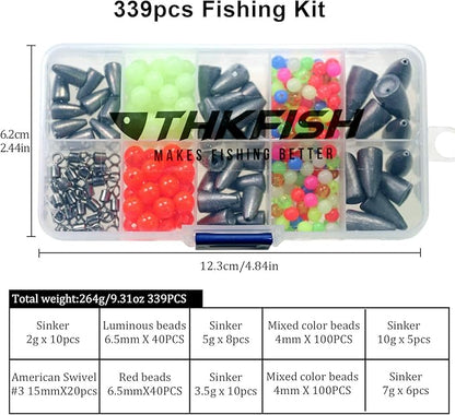 THKFISH Texas and Carolina Fishing Rig Bass Fishing Bullet-Weights for Fishing Sinkers Hooks Rolling Barrel Fishing Swivels Beads Rings Fishing Tackle Kit 35pcs/339pcs/389pcs