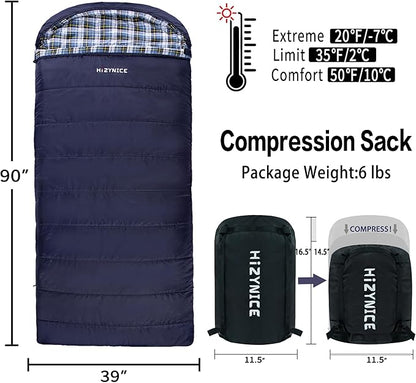 0 Degree Sleeping Bag 100% Cotton Flannel XXL for Adults Big and Tall Cold Weather Winter Zero Degree Camping,Free Compression Sack