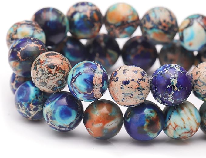 Youngbling Natural Gemstone Beads for Jewelry Making,10mm Mixed Blue Imperial Jasper Polished Round Smooth Stone Beads for Bracelet Necklace 15 Inch
