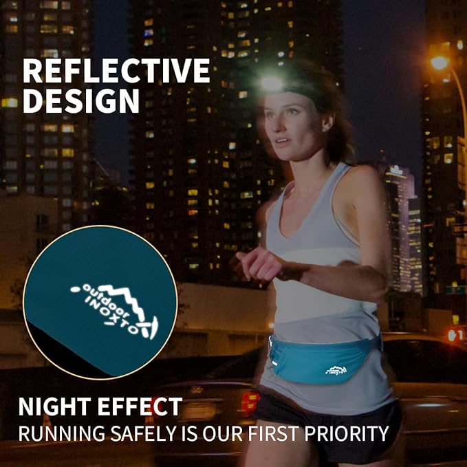 INOXTO Slim Running Belt Fanny Pack for Women and Men Sports Waist Bag Pack with 300ml Water Bottle for Running Walking Cycling Hiking Reflective Running Pouch Belt for All Phones (Blue)