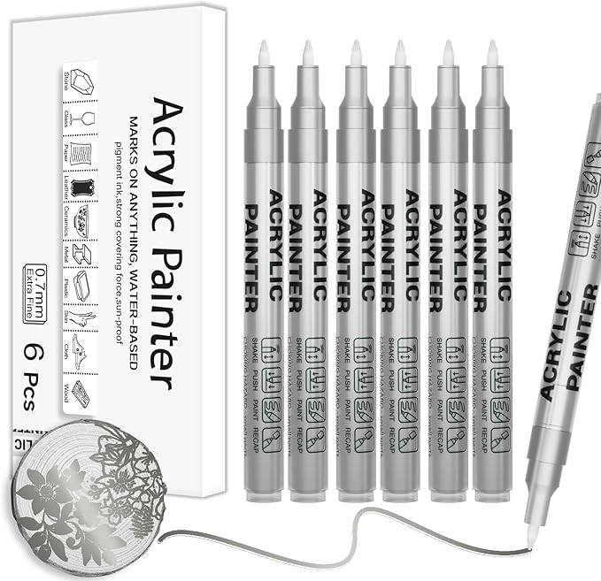 Acrylic Paint Pens Waterproof Markers 6 Silver Permanent Marker Pens Acrylic Pens for Rock Painting Glass Stone Ceramic Metal Fabric Pebble Painting pens Craft Supplies
