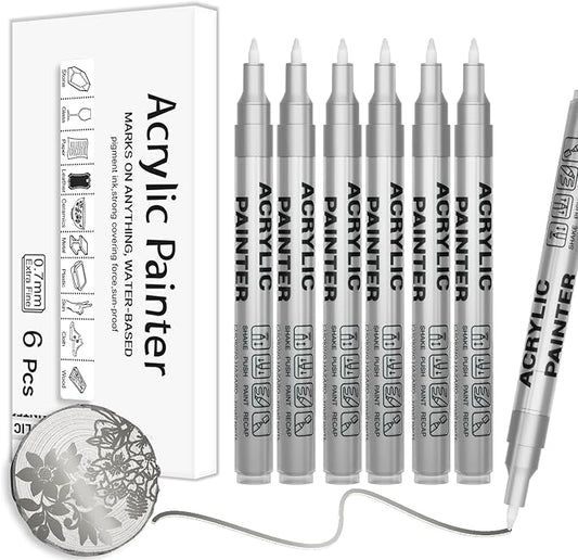 Acrylic Paint Pens Waterproof Markers 6 Silver Permanent Marker Pens Acrylic Pens for Rock Painting Glass Stone Ceramic Metal Fabric Pebble Painting pens Craft Supplies