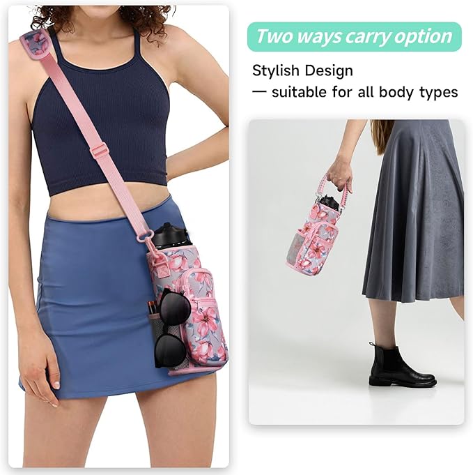 32/40/64/87/128 oz Water Bottle Carrier Bag, Neoprene Water Bottle Sleeve with 4 Pocket, Sport Water Holder with Paracord Handle and Shoulder Strap for Walking Hiking Camping Gym