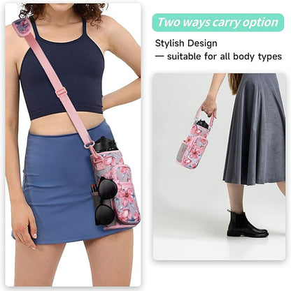 32/40/64/87/128 oz Water Bottle Carrier Bag, Neoprene Water Bottle Sleeve with 4 Pocket, Sport Water Holder with Paracord Handle and Shoulder Strap for Walking Hiking Camping Gym