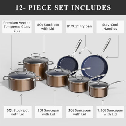 Nuwave Healthy Duralon Blue Ceramic Nonstick Cookware Set, Diamond Infused Scratch-Resistant, PFAS Free, Dishwasher & Oven Safe, Induction Ready & Evenly Heats, Tempered Glass Lids & Stay-Cool Handles