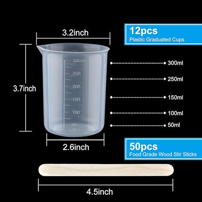Coopay 12 Pack 300ml/10.1oz Plastic Beakers Epoxy Mixing Cups, Plastic Graduated Cups Clear Multipurpose Measuring Cups with 50 Pack Wooden Stirring Sticks for Resin, Epoxy, Stain, Mixing Paint