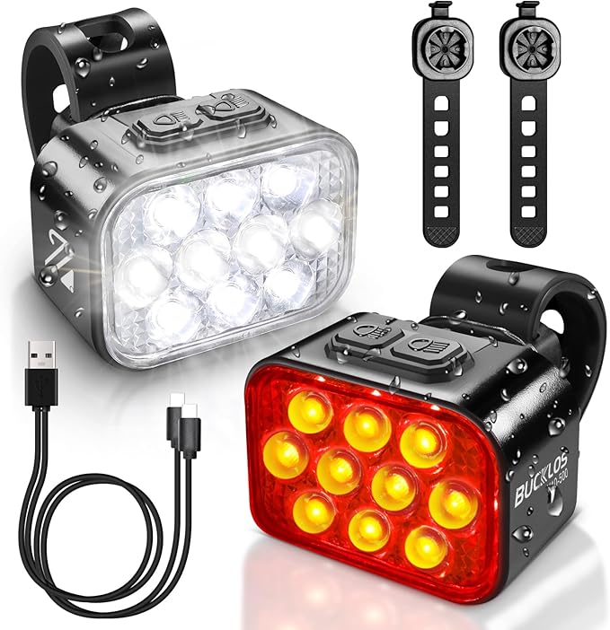 BUCKLOS Bike Lights Front and Back for Night Riding, 10 LED Ultra Bright 8+9 Modes USB Rechargeable Bicycle Headlight and Tail, IPX6 Waterproof 1100mAh Bikes Light Set, 35 Hrs Long Battery Powered