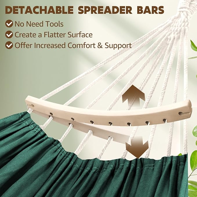 Chihee Cotton Hammock Large Soft Breathable Camping Hammock Holds Up to 660lbs Portable Tree Hammock with Detachable Spreader Bar Pillow 2 Strong Webbings 2 Carabiners Patio Garden Indoor Outdoor