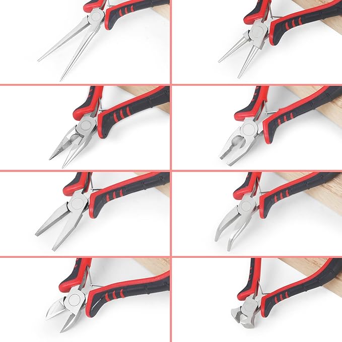 Jewelry Pliers Sets Jewelers Making Tools Kit, Professional 8 piece Mini Wire Plier with Wood Holder for Beading, Crafting, Crimping, Cutting, Repair, Wrapping, Complete Quality for Adults Starter