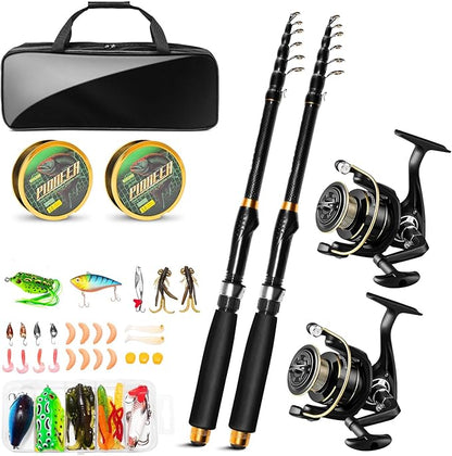 Telescopic Fishing Rod and Reel Combo Kit, 2PACK 6.9FT Carbon Fiber Collapsible Rods, Spinning Reels, Lures and Carrier Bag, Saltwater & Freshwater Travel Fishing Gear for Adults