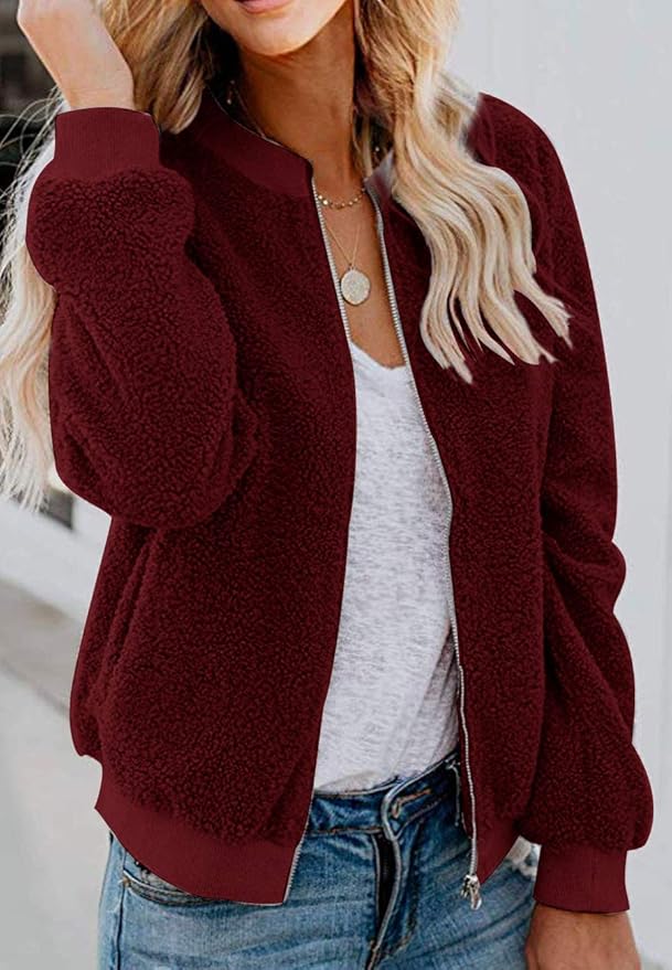 MIROL Women's Fall Trendy Fleece Jacket Faux Sherpa Fuzzy Casual Long Sleeve Zip Up Loose Fit Bomber Winter Coat