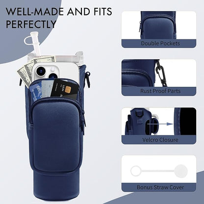 Water Bottle Carrier Bag with Phone Pocket for Stanley Cup 40/30 oz, Water Bottle Holder with Adjustable Strap& Straw Cover, Stanley Cup Accessories