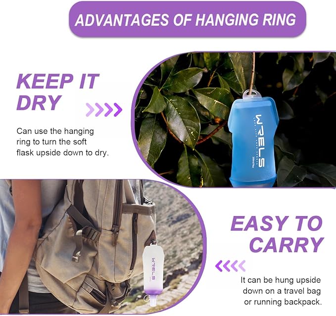 200ml/350ml/500ml Collapsible Soft Flask,BPA Free Folding Soft Water Bottle with Hanging Ring,Lightweight TPU Hydration Flask for Running Marathon Cycling Hiking(200ml-2 Packs)