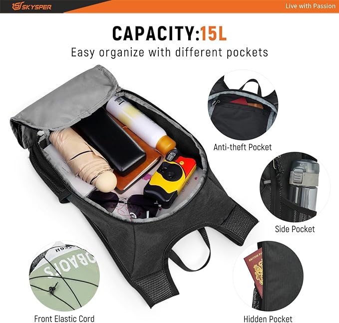 SKYSPER Foldable Hiking Backpack - 10L Small Lightweight Daypack Breathable Travel Backpacks for Men Women