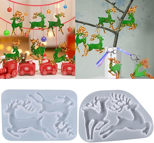 2 Pieces Deer Christmas Resin Molds Silicone, 4 Cavities Large Elk Christmas Ornament Silicone Molds for Family Christmas Tree Decorations, Gifts, Resin Art Craft, Keychains