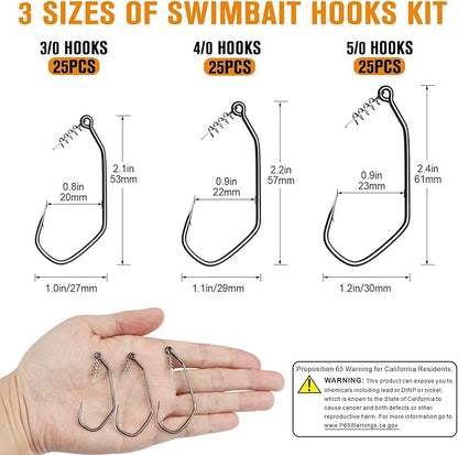 Dovesun 12PCS/25PCS Weighted Swimbait Hooks Weighted Fishing Hooks for Saltwater Freshwater EWG Worm Weedless Hooks for Bass Fishing 3/0 4/0 5/0