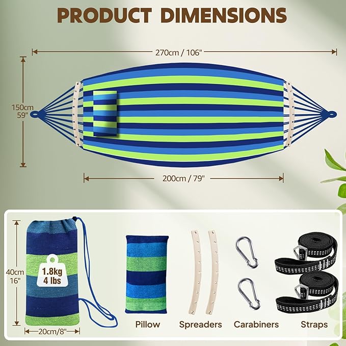 Chihee Cotton Hammock Large Soft Breathable Camping Hammock Holds Up to 660lbs Portable Tree Hammock with Detachable Spreader Bar Pillow 2 Strong Webbings 2 Carabiners Patio Garden Indoor Outdoor