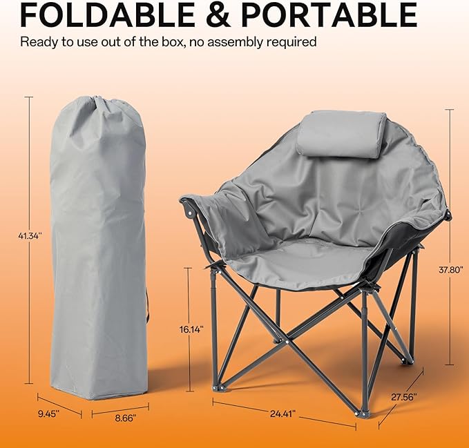 Oversized Heated Camping Chairs, 3 Heating Level for Back and Seat, Portable & Folding Camping Chair with Pillow for Outdoor Sports, Fishing, Patio, Picnics, Battery Not Included, Gray