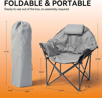 Oversized Heated Camping Chairs, 3 Heating Level for Back and Seat, Portable & Folding Camping Chair with Pillow for Outdoor Sports, Fishing, Patio, Picnics, Battery Not Included, Gray