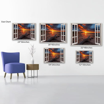 ANRUOXI Beach Window Canvas Wall Art, Bedroom Living Room Ocean Sunset Coastal Scene Picture, Tropical Sea Tree Landscape Painting Print Artwork Horizontal Seascape Artwork for Bedroom 12x18 Inch