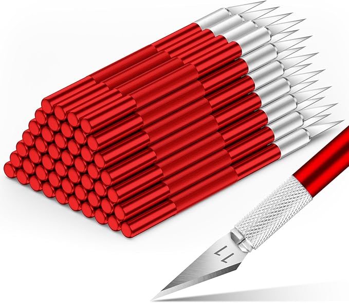DIYSELF 50-Piece Exacto Knife, Aluminum Alloy Handle, Precision Craft Hobby Knife Set for Student, Artist, Carbon Steel Blade, Set for Crafting, Leather, Wallpaper, Collage (Red)