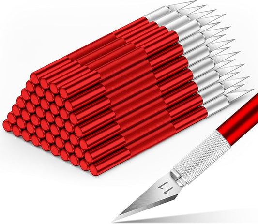 DIYSELF 50-Piece Exacto Knife, Aluminum Alloy Handle, Precision Craft Hobby Knife Set for Student, Artist, Carbon Steel Blade, Set for Crafting, Leather, Wallpaper, Collage (Red)