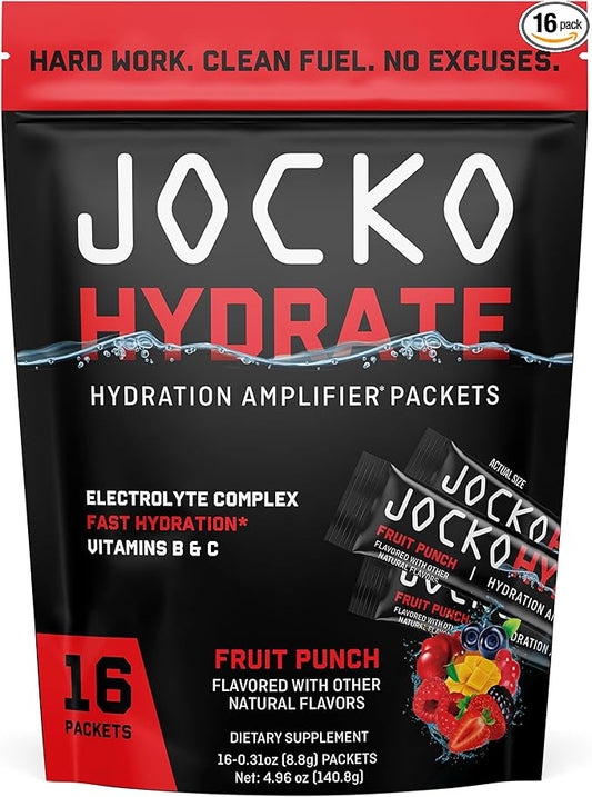 Jocko Fuel Hydrate Electrolytes Powder Packets Low Sugar - Hydration Amplifier Packets for Recovery, Dehydration, & Exercise - with Vitamins B6, B12 & C (16 Packets) Fruit Punch