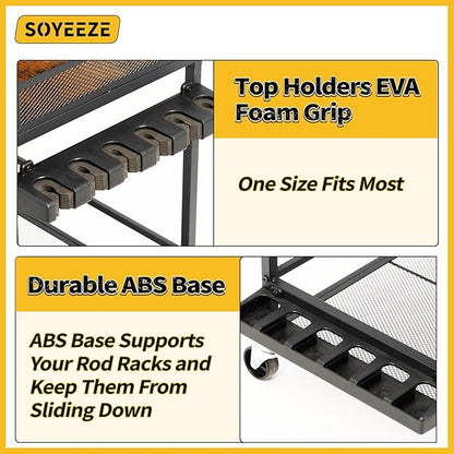 SOYEEZE Fishing Rod Holders for Garage with Pegboard and Lockable Wheels, 3-Tier Fishing Pole Rack with 10 Hooks, Fishing Gear Tackle Box Organizer Up to 12 Rods, Rolling Fishing Storage Cart