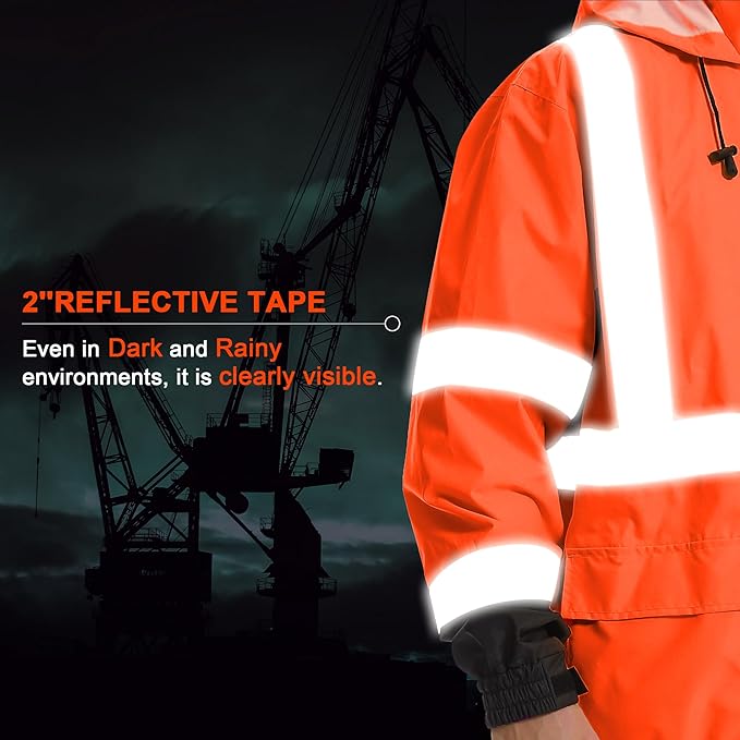Reflective Rain jackets for men waterproof,Hi Vis Safety Coat With Reflective Strips，High Visibility Class 3 Rain jackets With 2 large pockets，Zipper,Black Bottom Orange,4XL/5XL