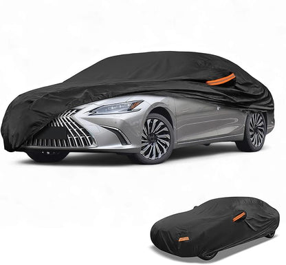 Waterproof All-Weather Universal Car Cover with Right Side Zipper, 210T-PU Black Fits for Sedan 165" to 177" Length