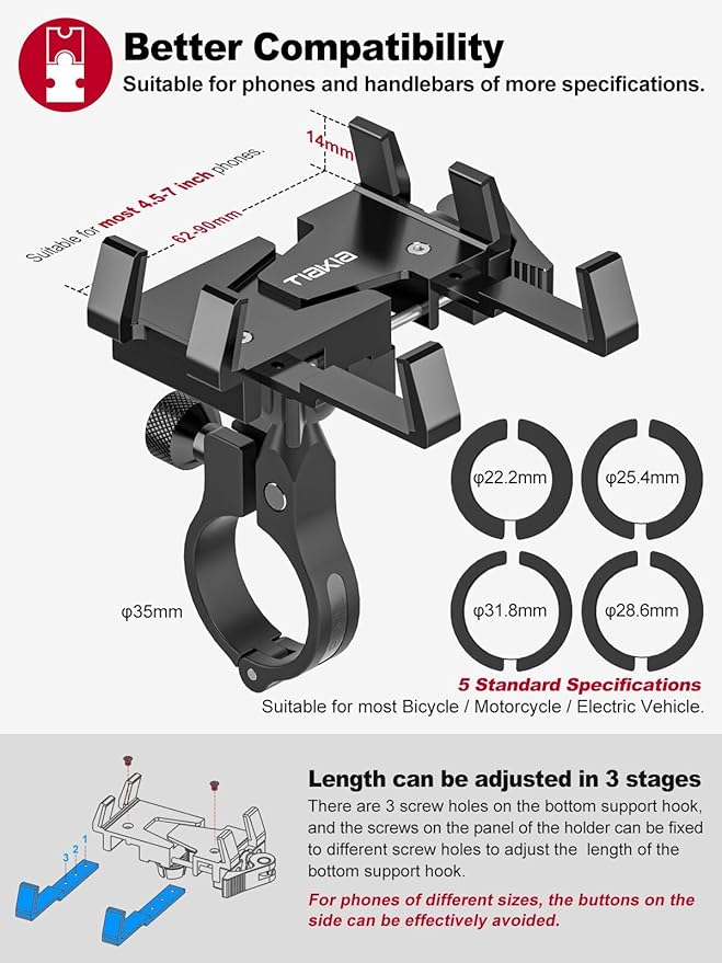 Tiakia Bike Phone Mount Holder, Aluminum Motorcycle Phone Mount, Handlebar Mounted Cell Phone Holder for Bike, 360° Rotation, Universal Bicycle Phone Mount for 4.5-7 Inch Phones