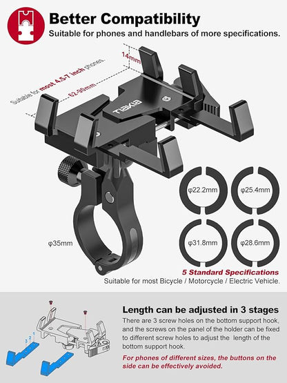 Tiakia Bike Phone Mount Holder, Aluminum Motorcycle Phone Mount, Handlebar Mounted Cell Phone Holder for Bike, 360° Rotation, Universal Bicycle Phone Mount for 4.5-7 Inch Phones