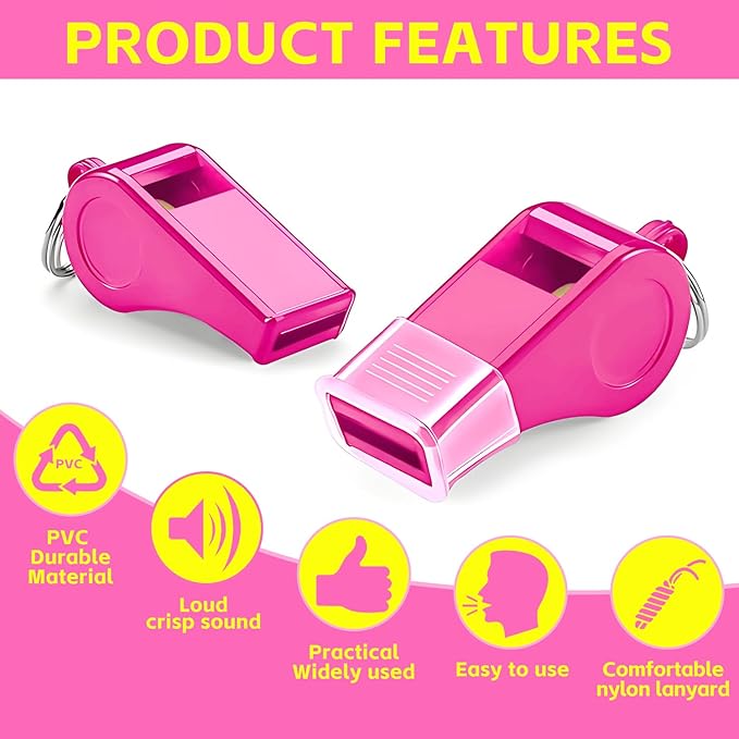 Pink Whistle, Plastic Whistle Emergency with Lanyard and Mouthpiece – Loud Crisp Sound for Coaches, Lifeguard, Teachers, Training, and Outdoor Safety (2 Pack)