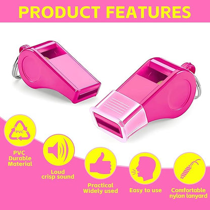 Pink Whistle, Plastic Whistle Emergency with Lanyard and Mouthpiece – Loud Crisp Sound for Coaches, Lifeguard, Teachers, Training, and Outdoor Safety (2 Pack)
