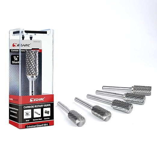 EZARC 5PCS Tungsten Carbide Rotary Burr Set, SB-5 Double Cut Carbide Burr 1/4" Shank Die Grinder Bits for Metal Working & Sturdy Storage Case