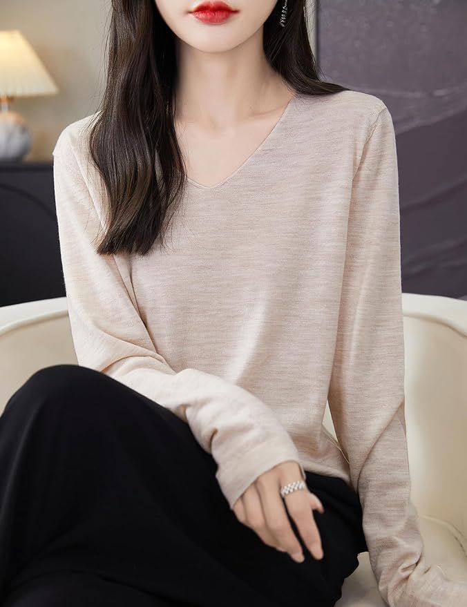 Chanyarn Women's 100% Merino Wool Base Layer Shirt Tops V Neck Long Sleeve Travel Hiking Tee T Shirt Pullover Sweater