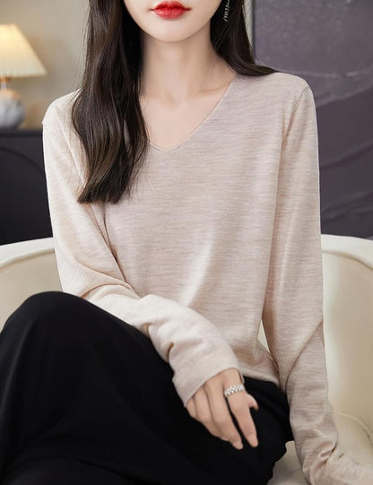 Chanyarn Women's 100% Merino Wool Base Layer Shirt Tops V Neck Long Sleeve Travel Hiking Tee T Shirt Pullover Sweater