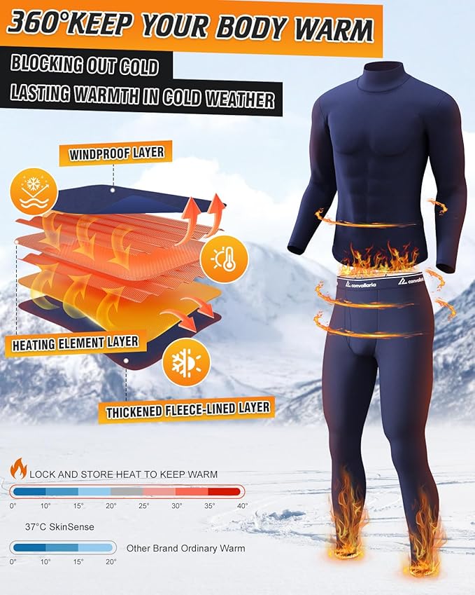 CL convallaria Long Johns Thermal Underwear for Men Soft Fleece Lined Base Layer Cold Weather Top Bottom Gift Set