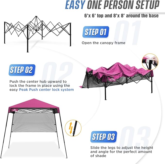 EAGLE PEAK 8x8 Pop Up Canopy Tent with Sidewall, Compact, Portable Slant Leg Instant Sun Shelter for Beach, Sports, & Camping, 8x8 Base 6x6 Top, Pink