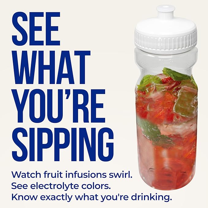 Rolling Sands USA Made 24 Ounce Sports Water Bottles - 100 Pack BPA-Free Blank Plastic Bottles for Group Use, Fitness Classes & Events - Translucent Navy Blue Bottle/Navy Blue Lid