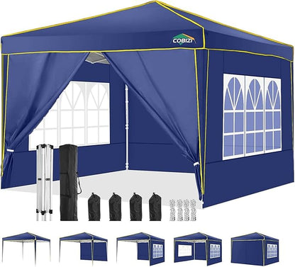 COBIZI 10x10 Pop Up Canopy with 4 Sidewalls, Easy up Canopy for Events, Sports, Beach, Party, Outdoor Party Canopies with 4 Weight Bags, Stakes x4, Ropes x4, Dark Blue
