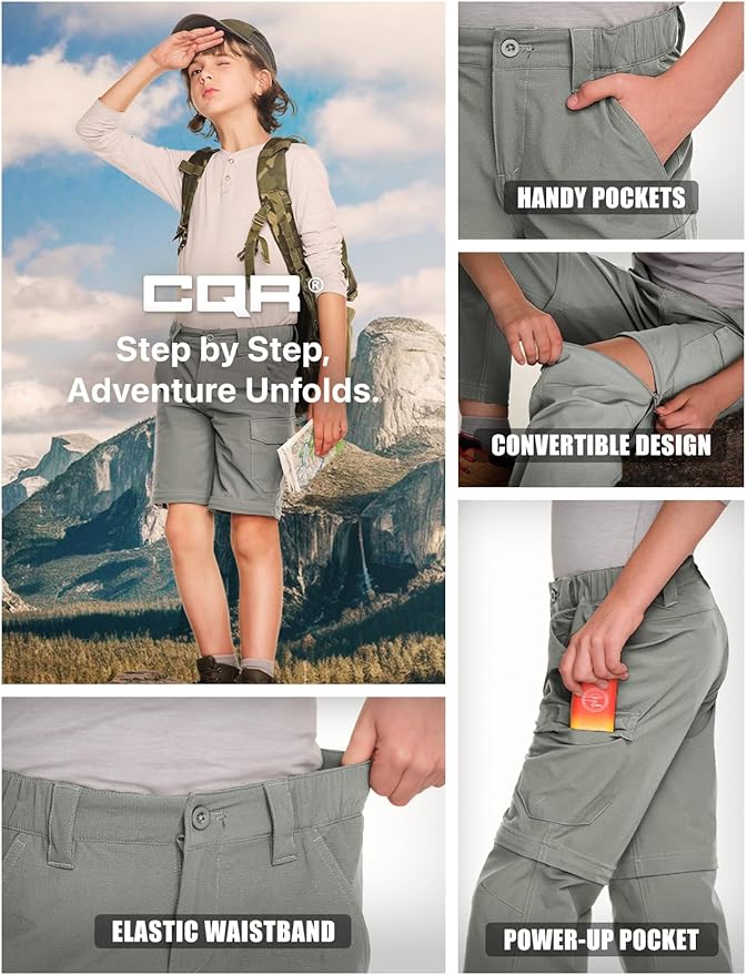 CQR Kids Youth Hiking Cargo Pants, UPF 50+ Quick Dry Convertible Zip Off Pants, Outdoor Camping Pants