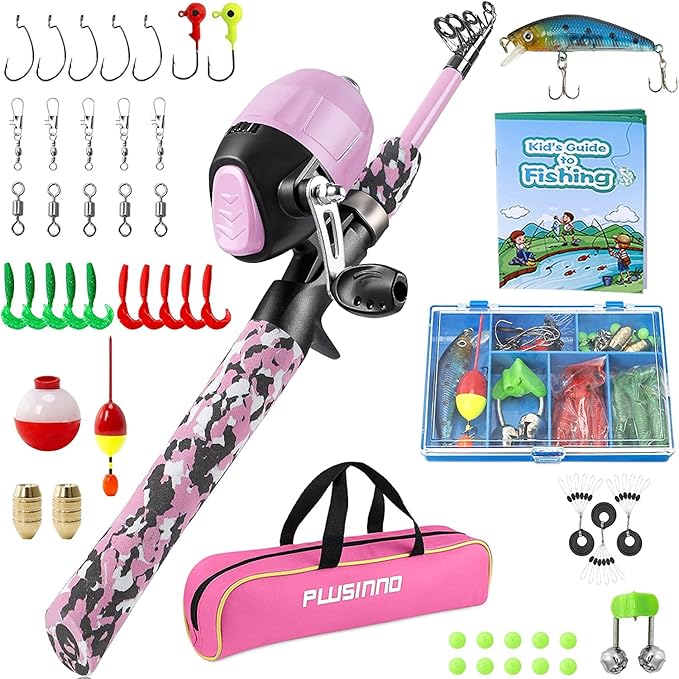 PLUSINNO Kids Fishing Pole with Spincast Reel Telescopic Fishing Rod Combo Full Kits for Boys, Girls, and Adults