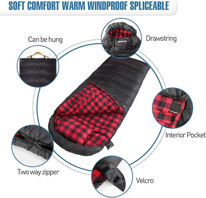 0 Degree Sleeping Bag Cotton Flannel Winter Cold Weather for Adults XXL Sleeping Bag 4 Season Big and Tall with Pillow Compression Sack