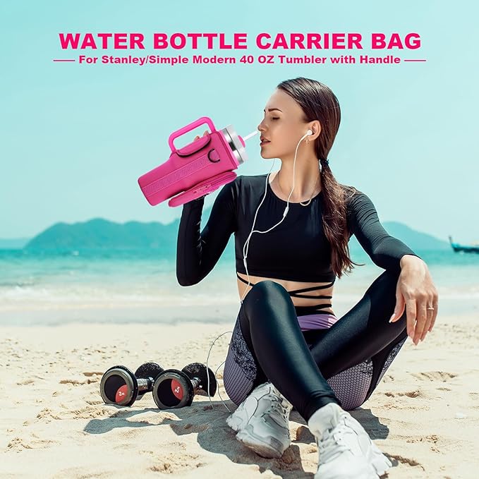Water Bottle Carrier Bag with Phone Pocket for Stanley 40 & 30 oz Tumbler with Handle,Pink Insulated Neoprene Cup Holder Pouch w/Adjustable Strap for Quencher H2.0 Stanley Cup Accessories