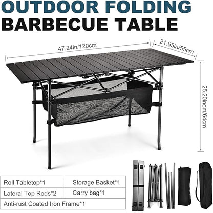 Lightweight Aluminum Folding Camping Table (47” x 21.65” x 26.7”), Portable Roll-Up Design for Outdoor, Camping, Beach, BBQ, Patio, and Picnic, Durable & Waterproof with Carrying Bag