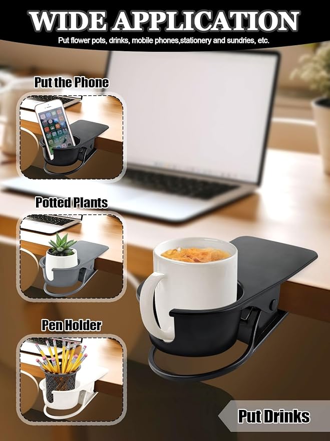 3PCS Drinking Cup Holder Clip Kalolary Chair Desk Bottle Cup Stand DIY Glass Clamp Storage Saucer Clip with Groove for Potted Plant Beverage Coffee Mug Holder Clip for Home & Office (Black White Grey)