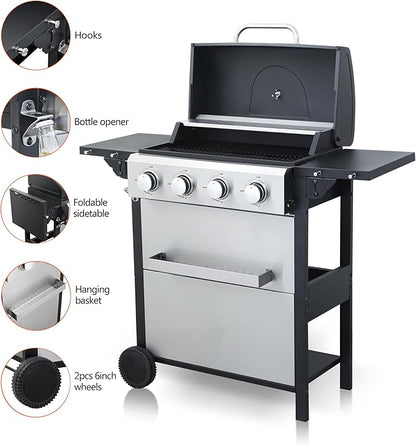 4-Burner Propane Gas BBQ Grill, 34200BTU Output With Wire Enamel Cooking Grids For Outdoor Barbecue, Foldable Side Table, Hanging Basket, Stainless Steel